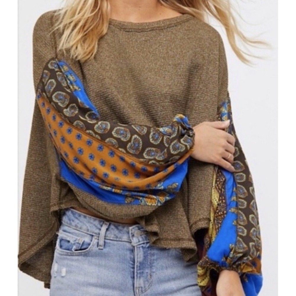 We The Free Blossom Oversized Olive Green Thermal Top Dolman Sleeve‎ PS